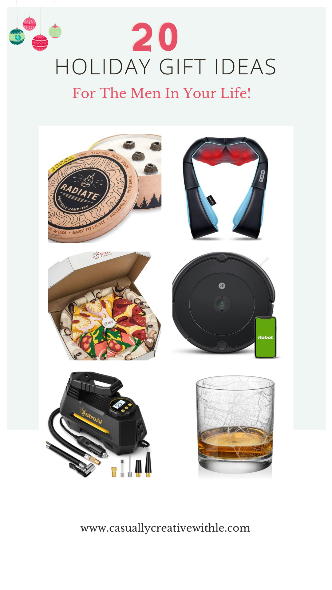 gift guide for the men in your life : tire inflator, neck massager, portable camp fire starter, city whiskey cup, portable vacuum and many more unique gifts!
