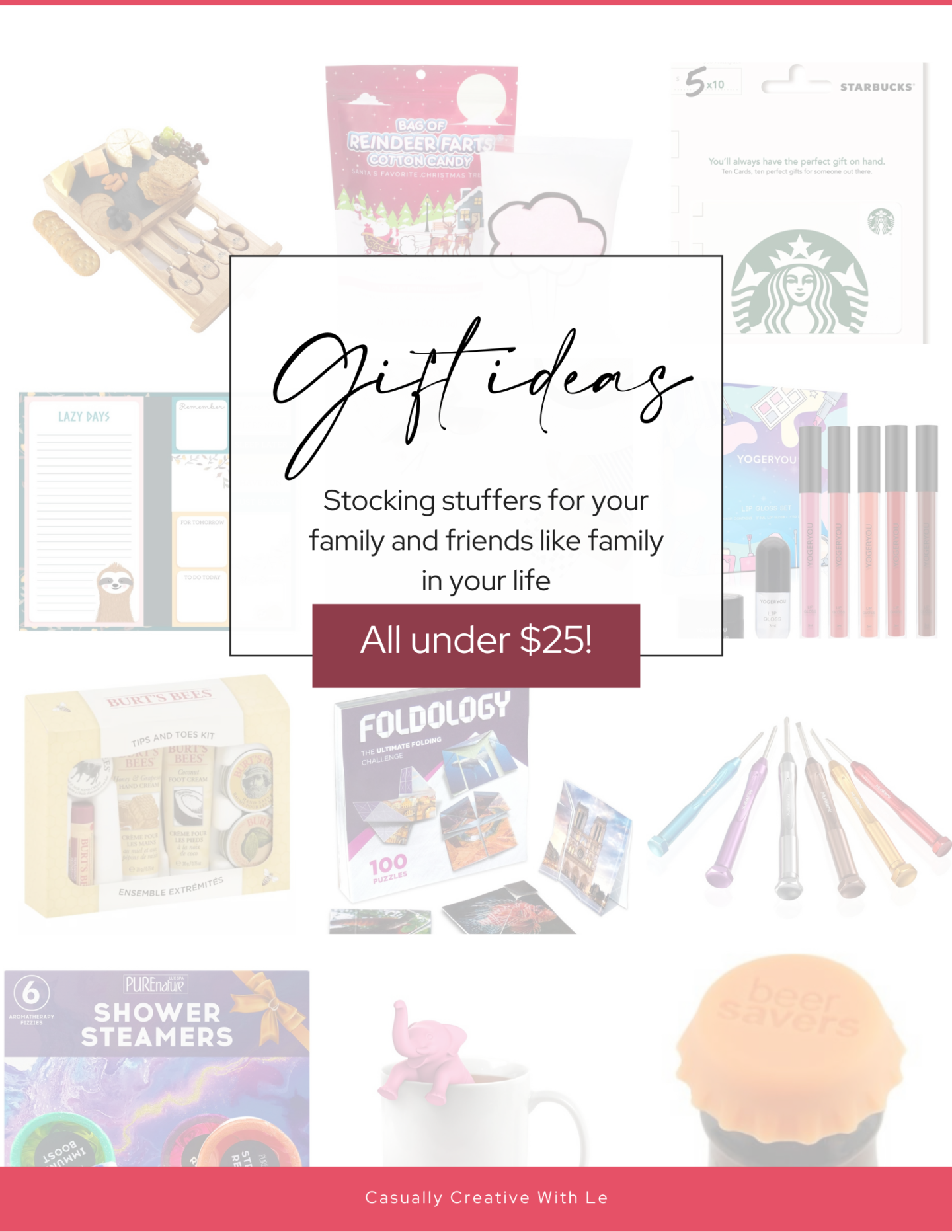 image of stocking stuffer gifts including starbucks gift cards, chargeable hand warmer, lip gloss and other unique gifts under $25.